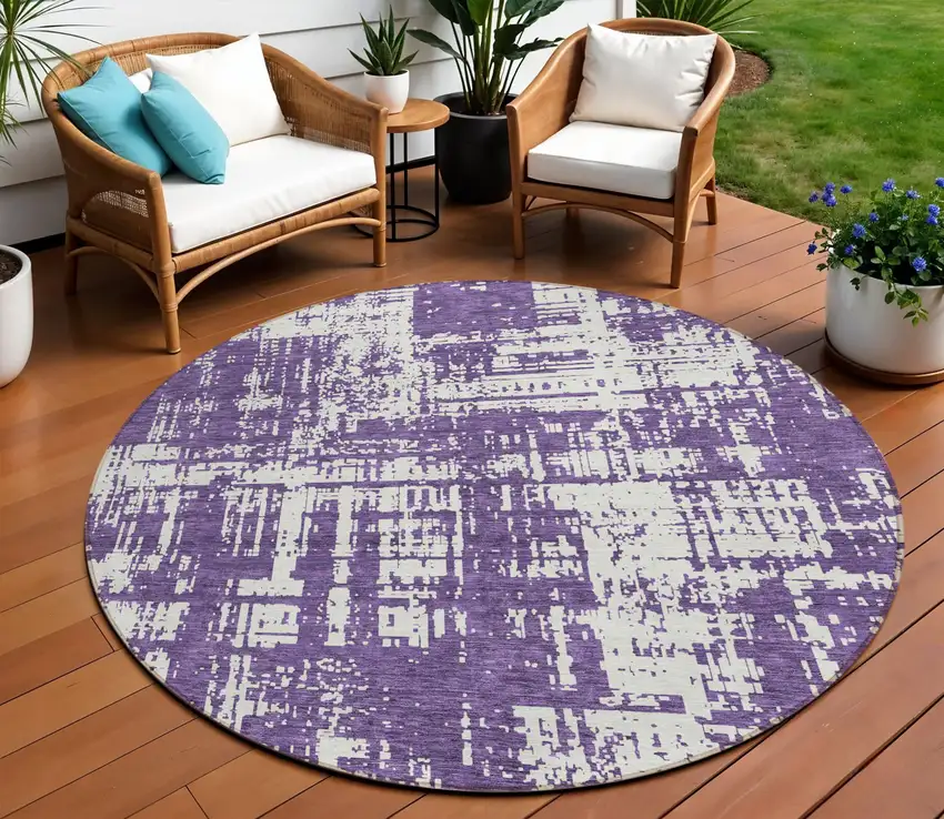 8' Purple And Ivory Round Abstract Washable Indoor Outdoor Area Rug Photo 1