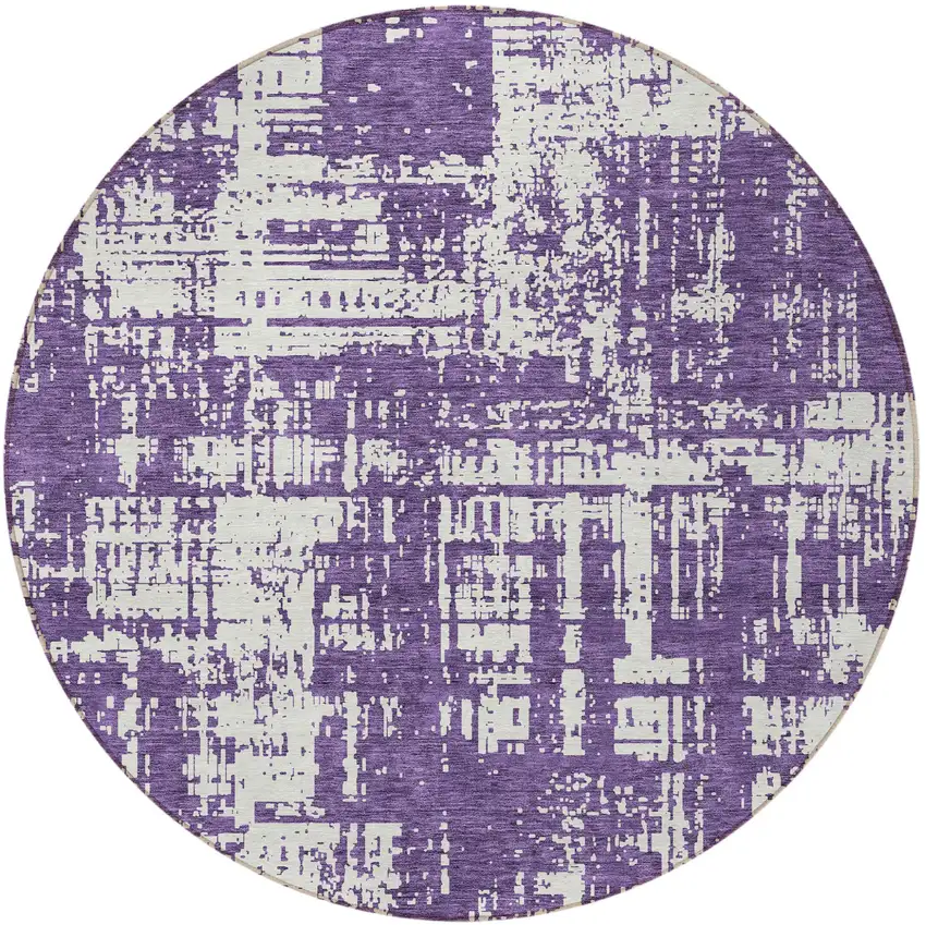 8' Purple And Ivory Round Abstract Washable Indoor Outdoor Area Rug Photo 5