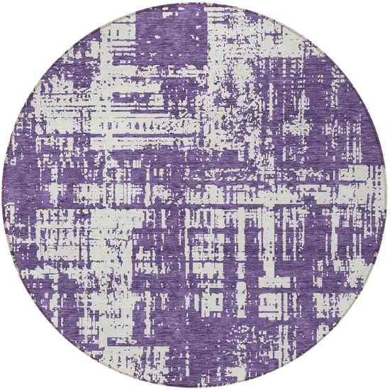 8' Purple And Ivory Round Abstract Washable Indoor Outdoor Area Rug Photo 5