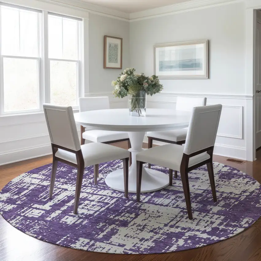 8' Purple And Ivory Round Abstract Washable Indoor Outdoor Area Rug Photo 7