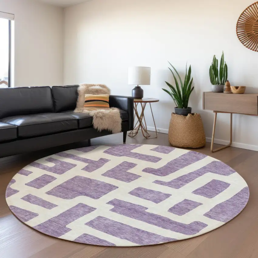 8' Purple And Ivory Round Abstract Washable Indoor Outdoor Area Rug Photo 6