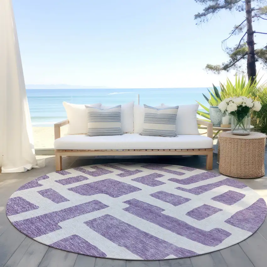 8' Purple And Ivory Round Abstract Washable Indoor Outdoor Area Rug Photo 5