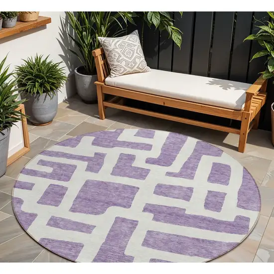 8' Purple And Ivory Round Abstract Washable Indoor Outdoor Area Rug Photo 1