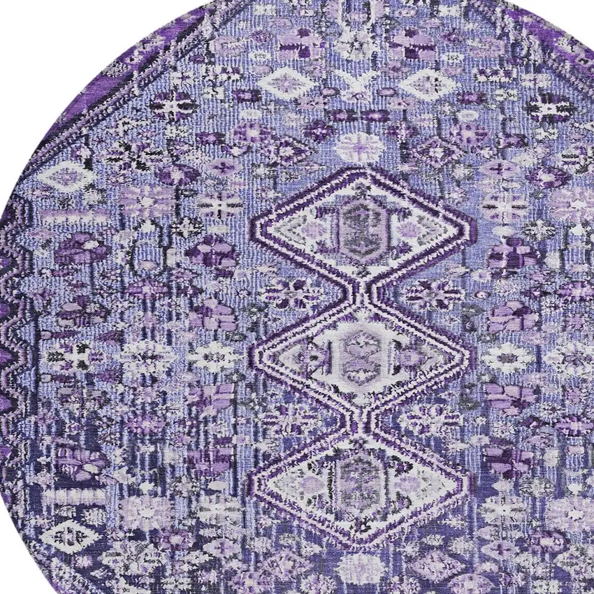8' Purple And Ivory Round Aztec Washable Indoor Outdoor Area Rug Photo 8