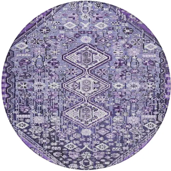 8' Purple And Ivory Round Aztec Washable Indoor Outdoor Area Rug Photo 3