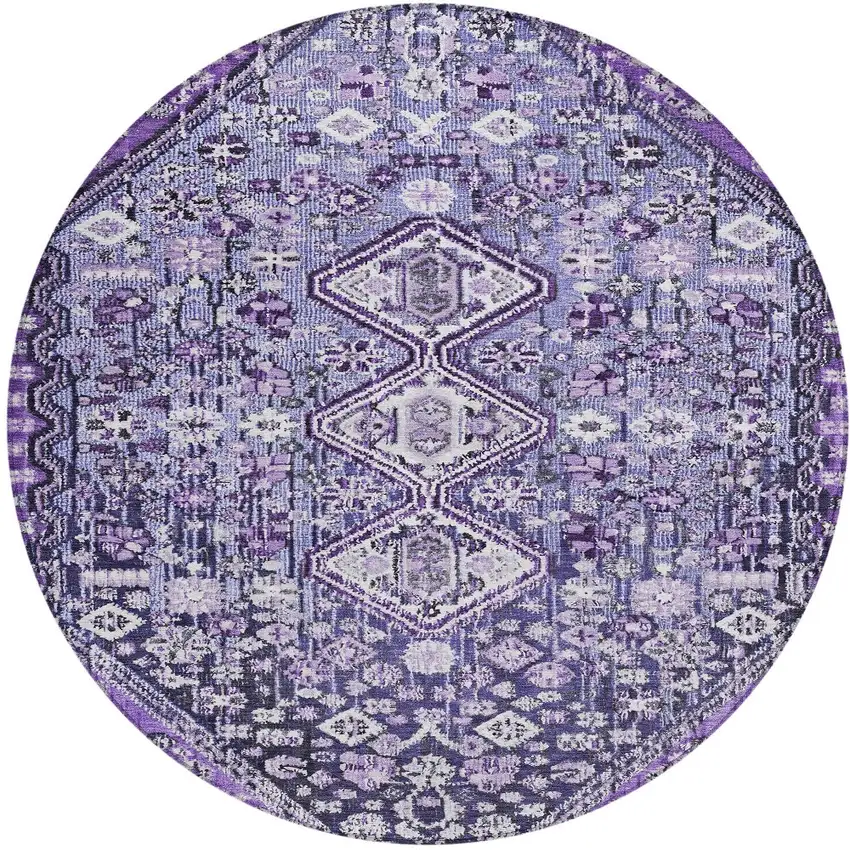 8' Purple And Ivory Round Aztec Washable Indoor Outdoor Area Rug Photo 3