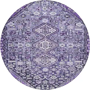 Photo of 8' Purple And Ivory Round Aztec Washable Indoor Outdoor Area Rug
