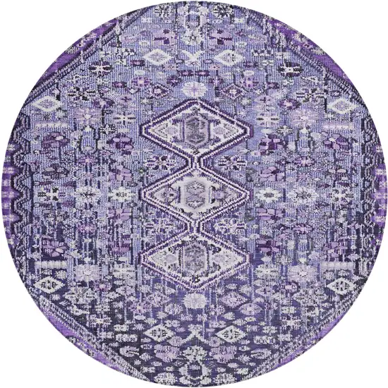 8' Purple And Ivory Round Aztec Washable Indoor Outdoor Area Rug Photo 1