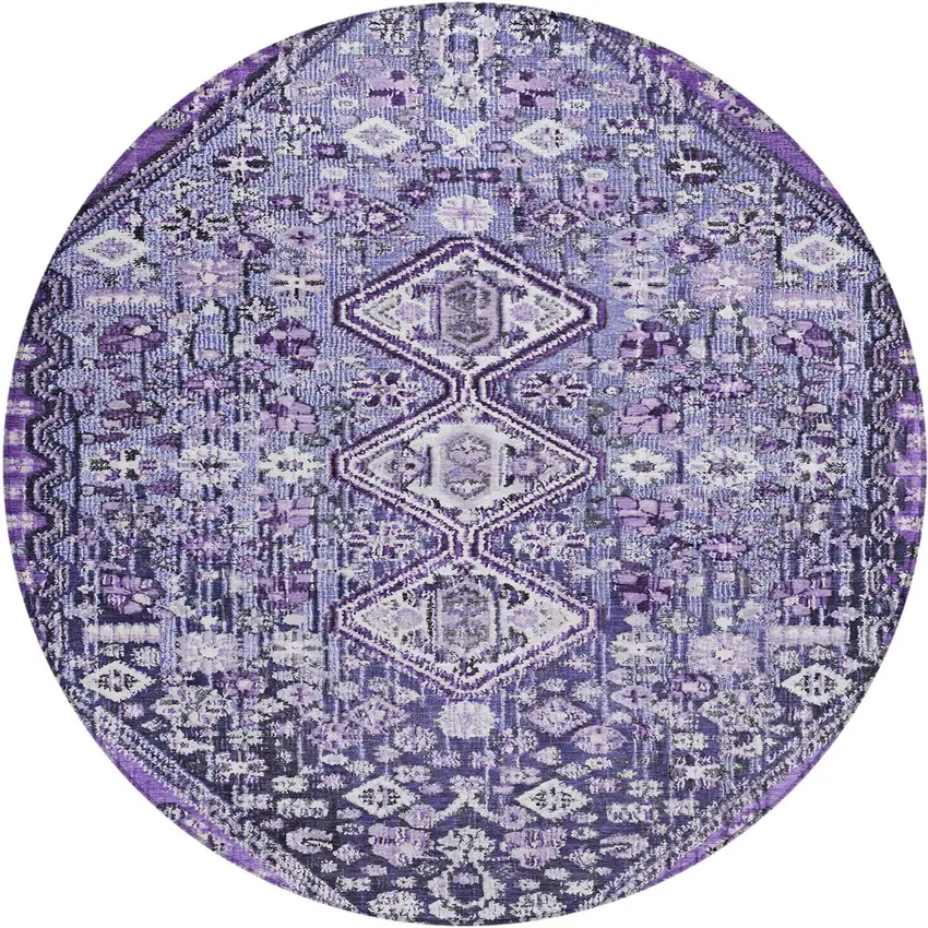 8' Purple And Ivory Round Aztec Washable Indoor Outdoor Area Rug Photo 1