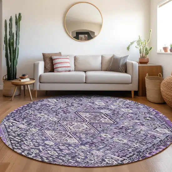 8' Purple And Ivory Round Aztec Washable Indoor Outdoor Area Rug Photo 6