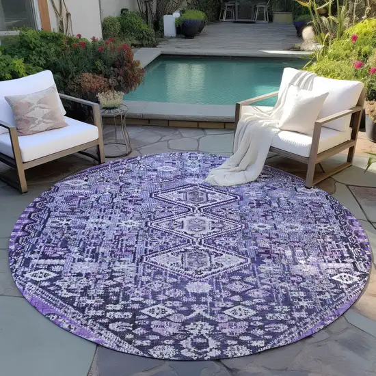 8' Purple And Ivory Round Aztec Washable Indoor Outdoor Area Rug Photo 5