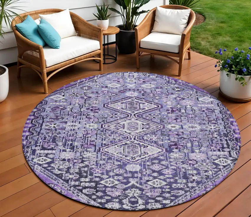 8' Purple And Ivory Round Aztec Washable Indoor Outdoor Area Rug Photo 2
