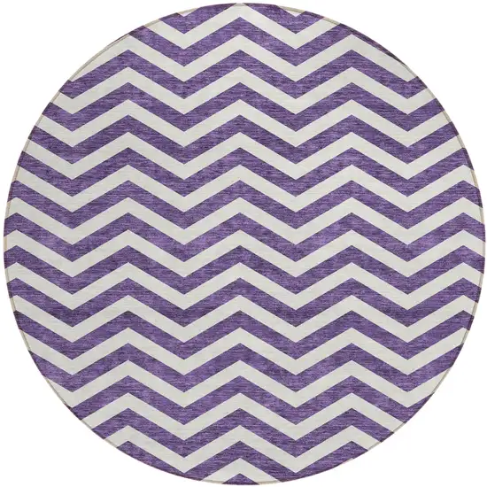 8' Purple And Ivory Round Chevron Washable Indoor Outdoor Area Rug Photo 2