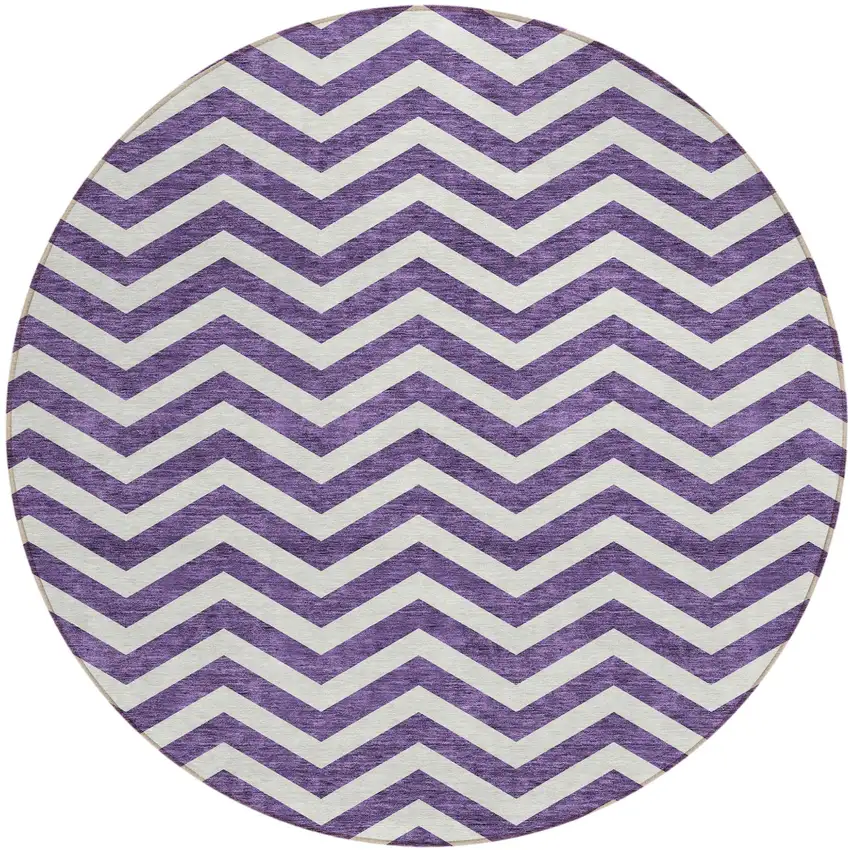 8' Purple And Ivory Round Chevron Washable Indoor Outdoor Area Rug Photo 2