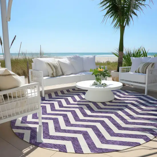 8' Purple And Ivory Round Chevron Washable Indoor Outdoor Area Rug Photo 7