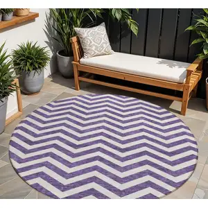 Photo of 8' Purple And Ivory Round Chevron Washable Indoor Outdoor Area Rug