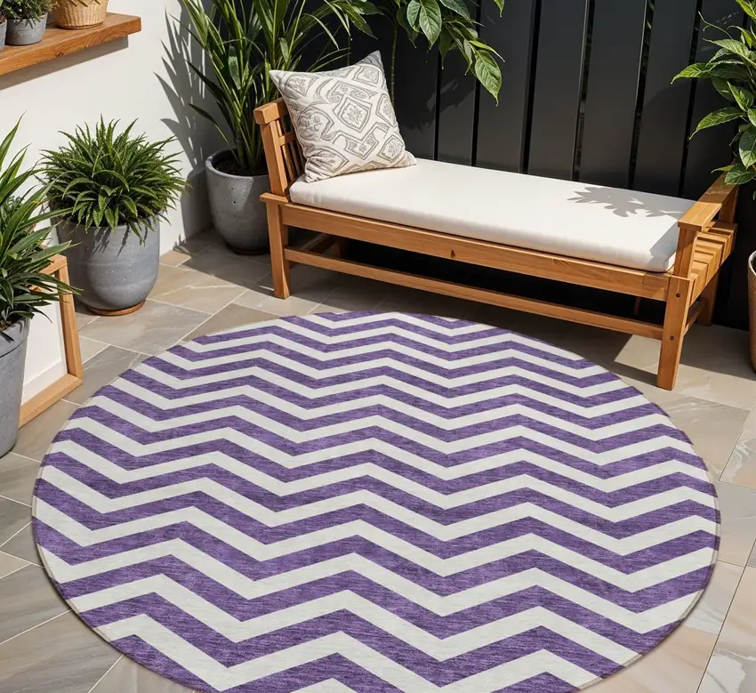 8' Purple And Ivory Round Chevron Washable Indoor Outdoor Area Rug Photo 1