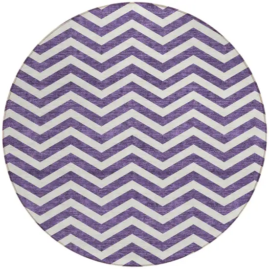 8' Purple And Ivory Round Chevron Washable Indoor Outdoor Area Rug Photo 6