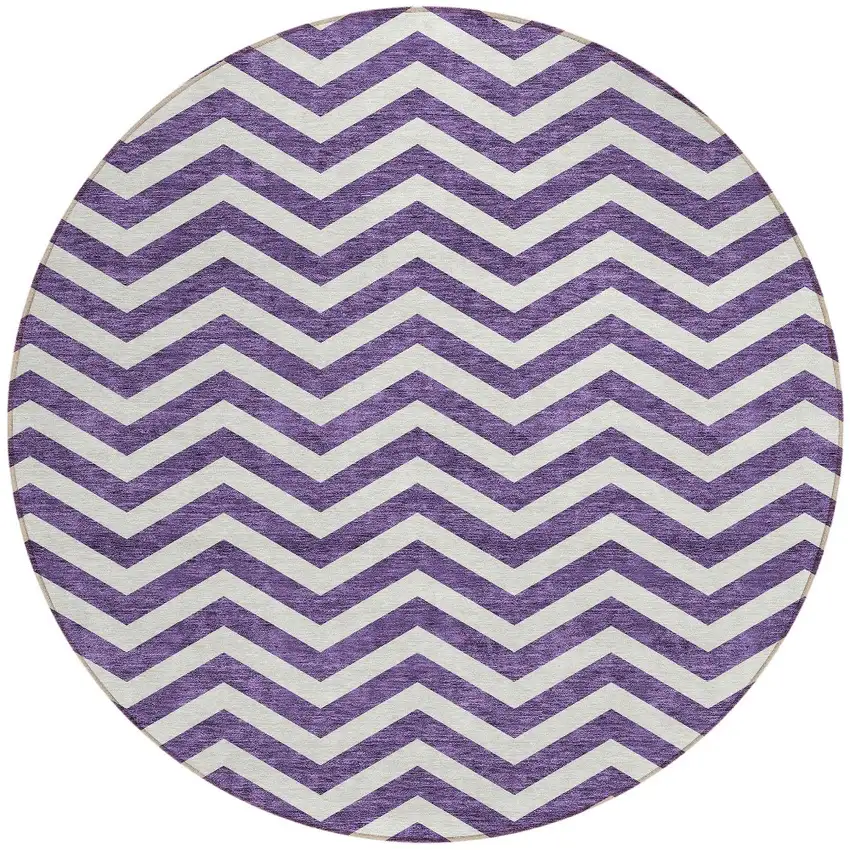 8' Purple And Ivory Round Chevron Washable Indoor Outdoor Area Rug Photo 6