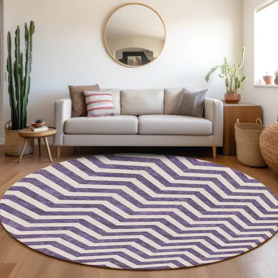 8' Purple And Ivory Round Chevron Washable Indoor Outdoor Area Rug Photo 8