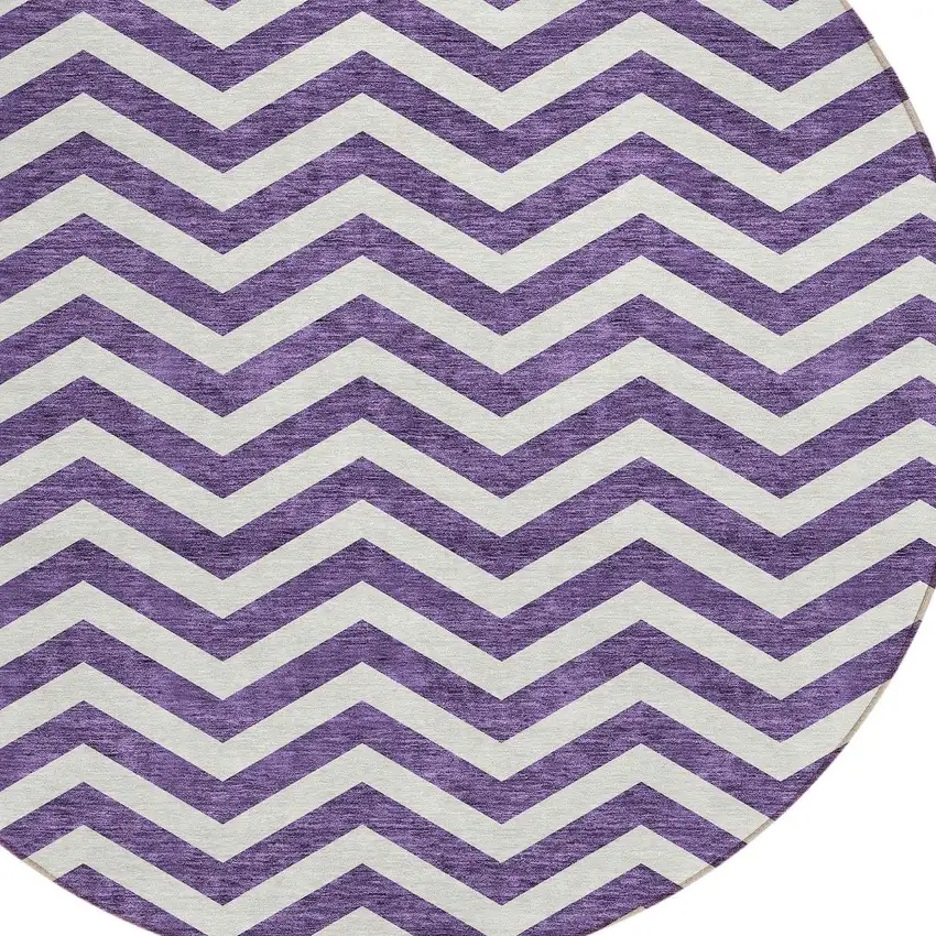 8' Purple And Ivory Round Chevron Washable Indoor Outdoor Area Rug Photo 4
