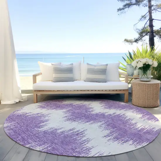 8' Purple And Ivory Round Chevron Washable Indoor Outdoor Area Rug Photo 6
