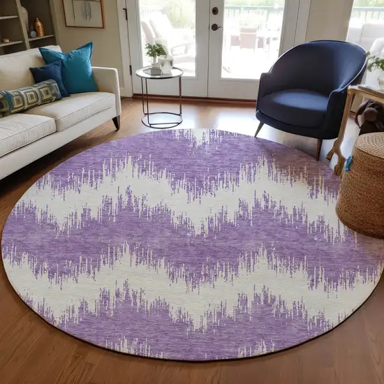 8' Purple And Ivory Round Chevron Washable Indoor Outdoor Area Rug Photo 7
