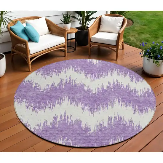 8' Purple And Ivory Round Chevron Washable Indoor Outdoor Area Rug Photo 1