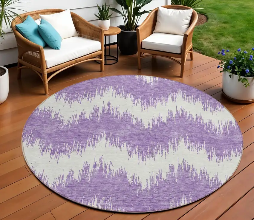 8' Purple And Ivory Round Chevron Washable Indoor Outdoor Area Rug Photo 1