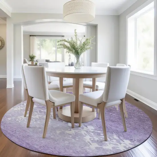 8' Purple And Ivory Round Damask Washable Indoor Outdoor Area Rug Photo 6