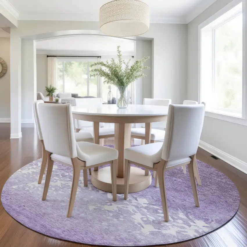 8' Purple And Ivory Round Damask Washable Indoor Outdoor Area Rug Photo 6