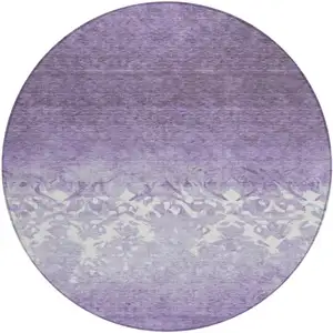 Photo of 8' Purple And Ivory Round Damask Washable Indoor Outdoor Area Rug