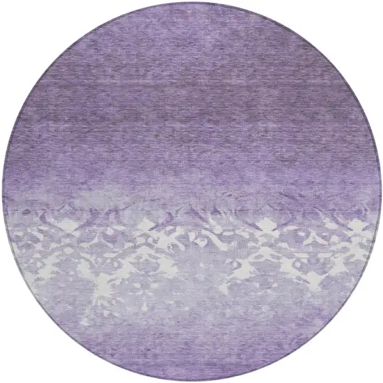 8' Purple And Ivory Round Damask Washable Indoor Outdoor Area Rug Photo 1