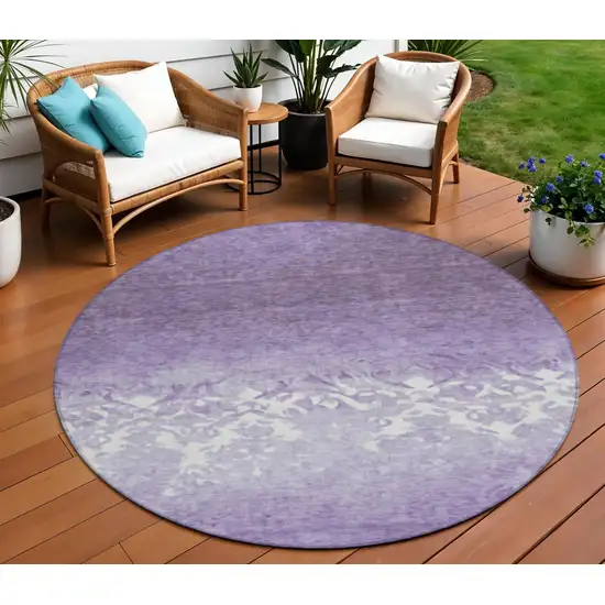 8' Purple And Ivory Round Damask Washable Indoor Outdoor Area Rug Photo 2