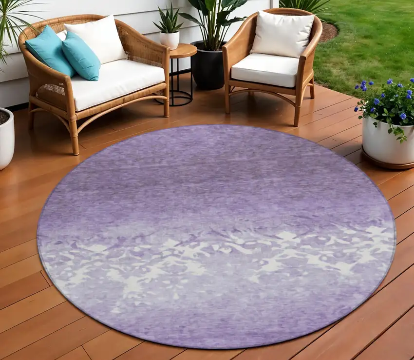 8' Purple And Ivory Round Damask Washable Indoor Outdoor Area Rug Photo 2