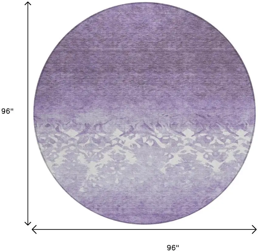 8' Purple And Ivory Round Damask Washable Indoor Outdoor Area Rug Photo 9