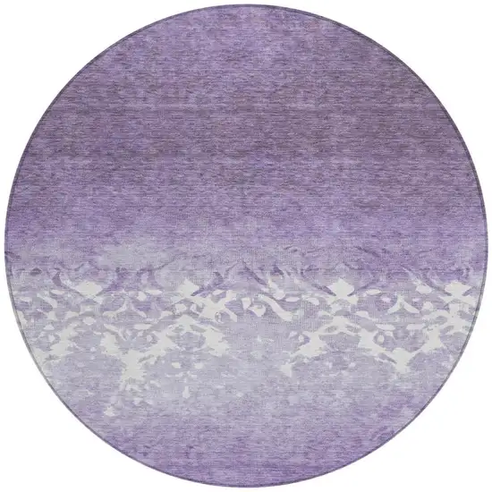 8' Purple And Ivory Round Damask Washable Indoor Outdoor Area Rug Photo 3