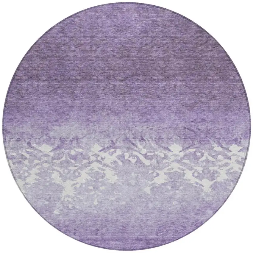 8' Purple And Ivory Round Damask Washable Indoor Outdoor Area Rug Photo 3