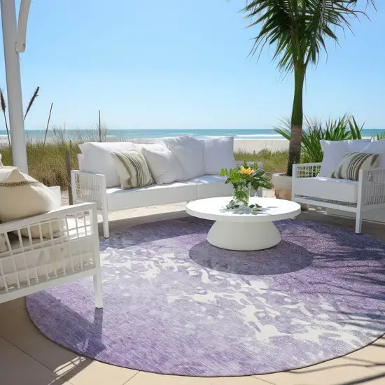 8' Purple And Ivory Round Damask Washable Indoor Outdoor Area Rug Photo 5