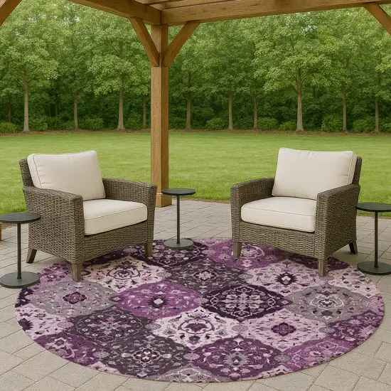 8' Purple And Ivory Round Floral Medallion Washable Indoor Outdoor Area Rug Photo 8