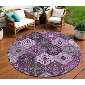 Photo of 8' Purple And Ivory Round Floral Medallion Washable Indoor Outdoor Area Rug