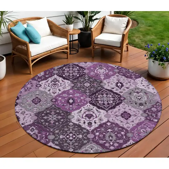 8' Purple And Ivory Round Floral Medallion Washable Indoor Outdoor Area Rug Photo 1