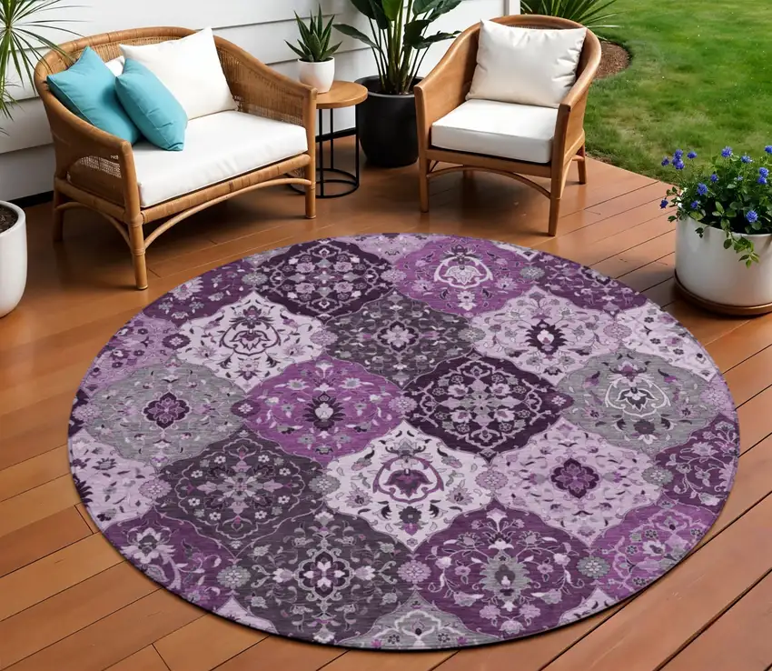 8' Purple And Ivory Round Floral Medallion Washable Indoor Outdoor Area Rug Photo 1