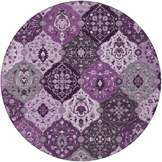 8' Purple And Ivory Round Floral Medallion Washable Indoor Outdoor Area Rug Photo 5