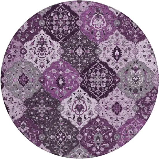 8' Purple And Ivory Round Floral Medallion Washable Indoor Outdoor Area Rug Photo 2