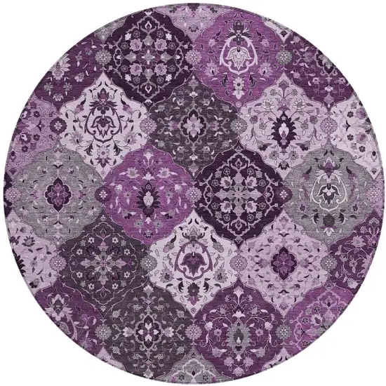 8' Purple And Ivory Round Floral Medallion Washable Indoor Outdoor Area Rug Photo 4
