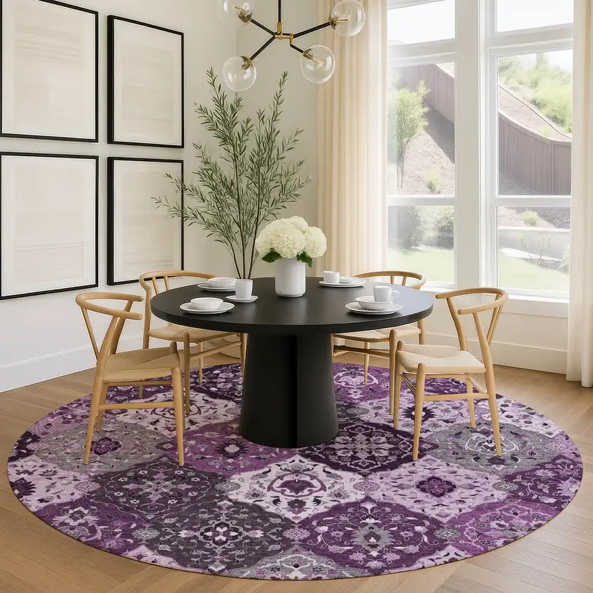 8' Purple And Ivory Round Floral Medallion Washable Indoor Outdoor Area Rug Photo 9