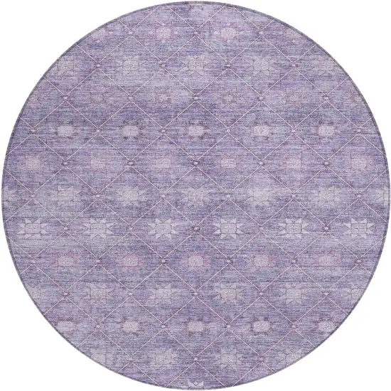 8' Purple And Ivory Round Floral Washable Indoor Outdoor Area Rug Photo 1