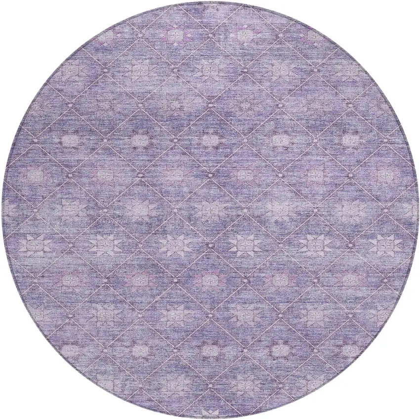 8' Purple And Ivory Round Floral Washable Indoor Outdoor Area Rug Photo 1