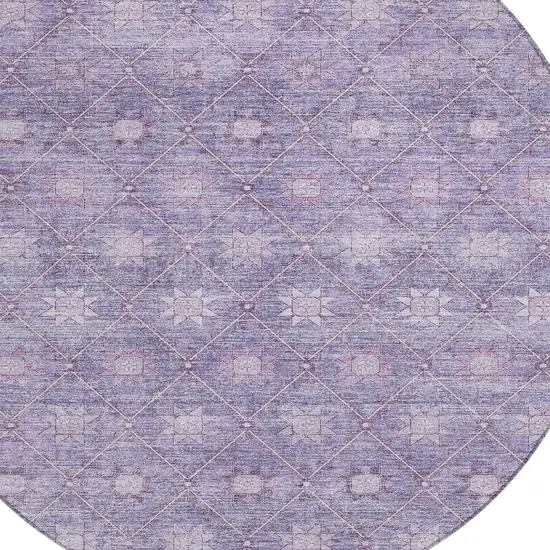 8' Purple And Ivory Round Floral Washable Indoor Outdoor Area Rug Photo 8